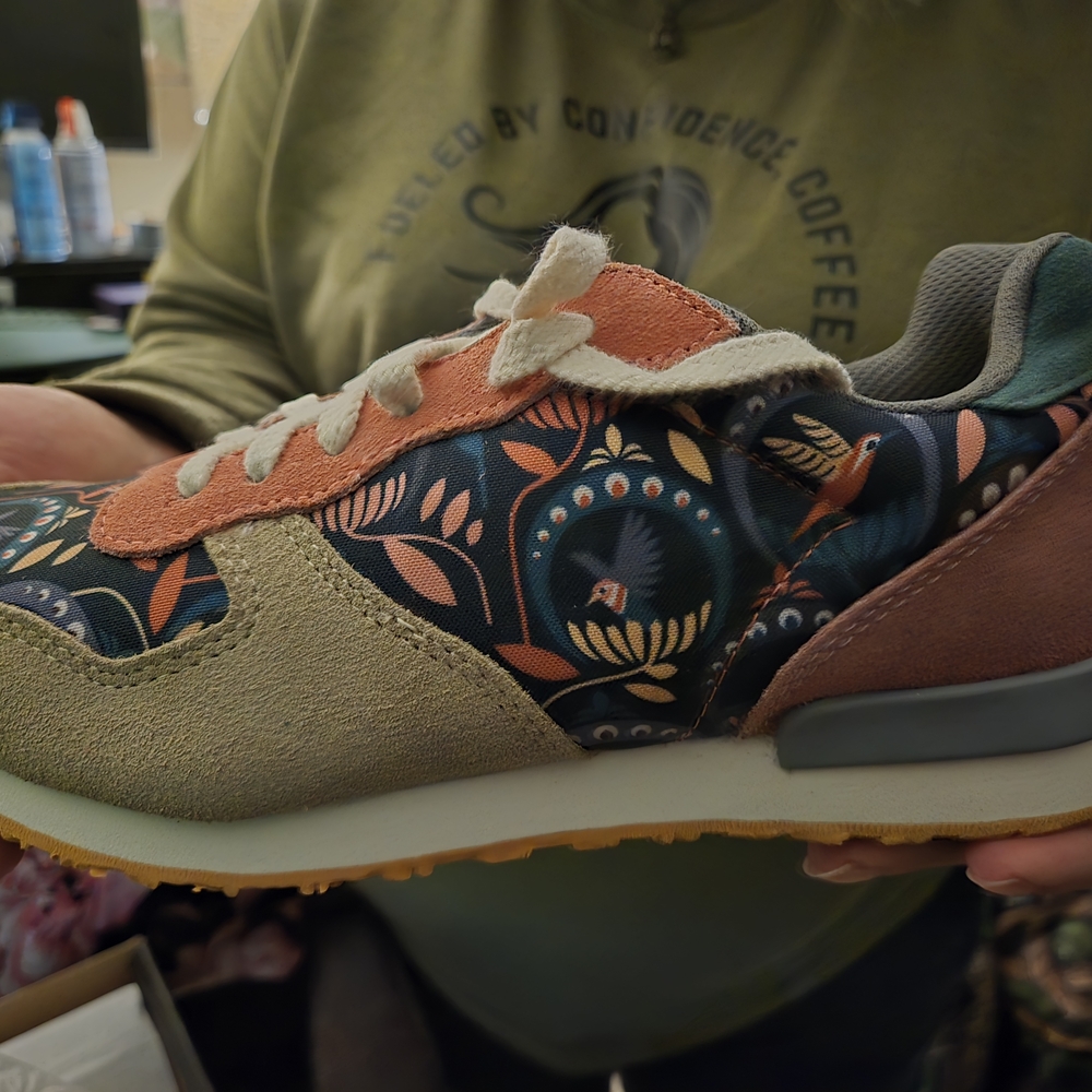 Floral Bird Pattern Sneakers with Suede Accents